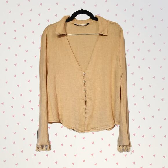 Zara, L | Linen Fringe Button Down Bell Sleeve Flowy Deep Neck Line - Picture 1 of 5